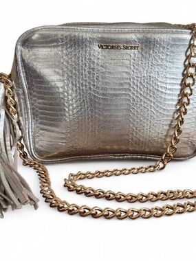 NWT Victoria's Secret Silver Metallic Faux Leather Snakeskin Crossbody/Gold